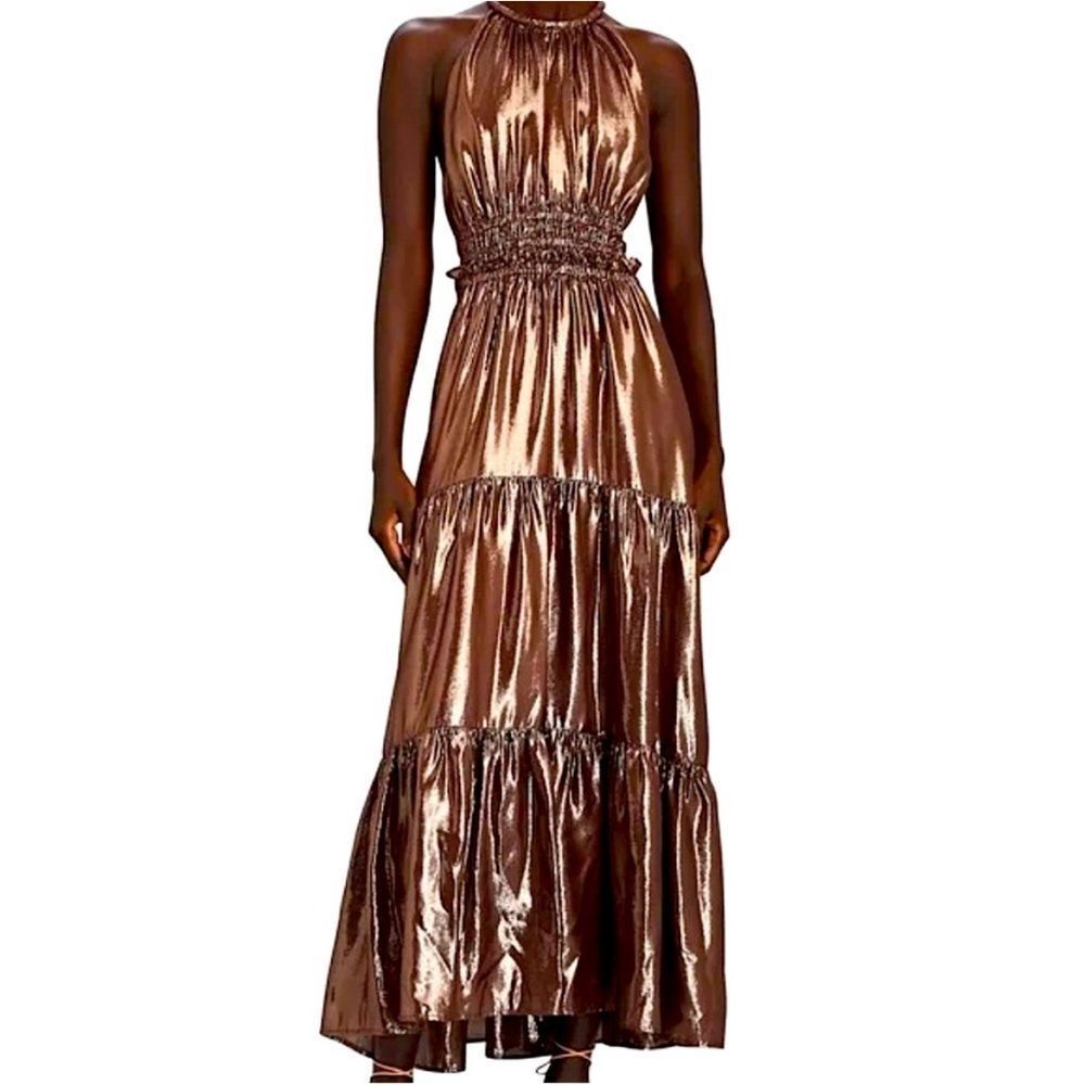 A.L.C. Elara Metallic Silk Halter Maxi Dress Bitter Chocolate 14 wedding guest - Picture 5 of 13